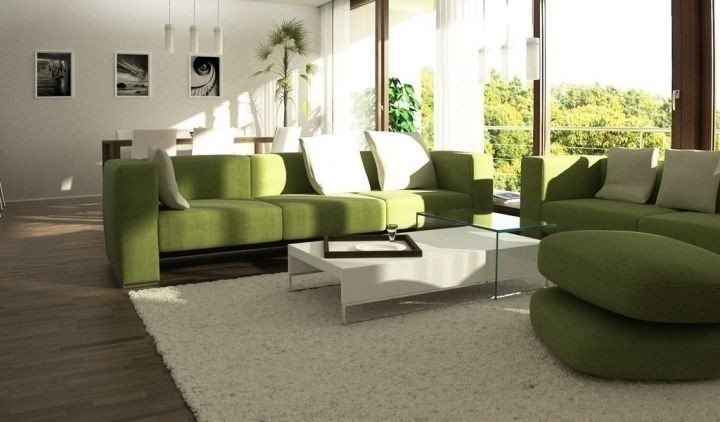 Зелёный диван в интерьере гостиной
